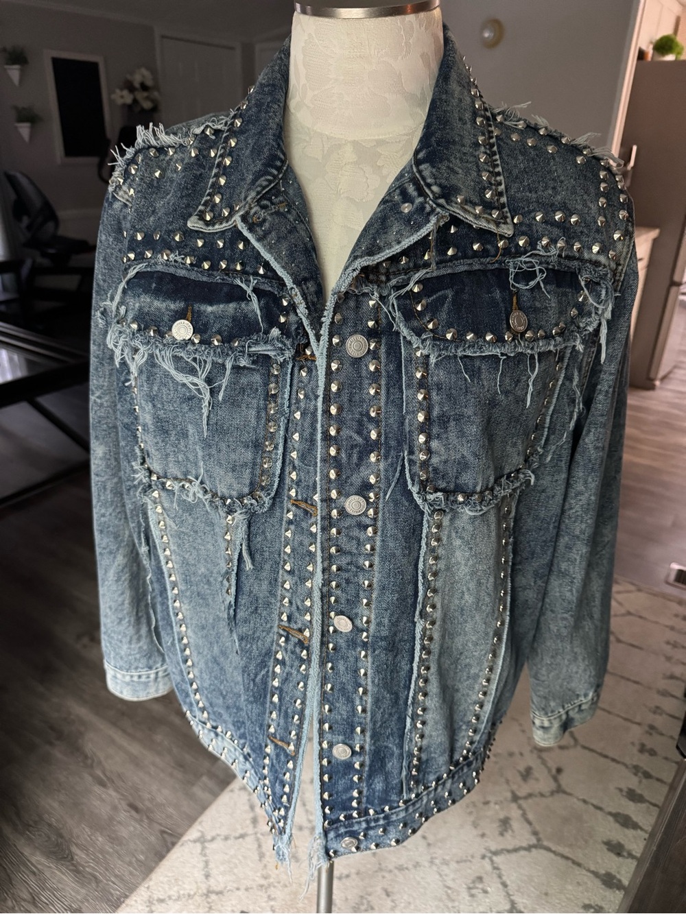 Thrill Jeans 3x Oversized Studded Distressed Denim Jacket - Blue